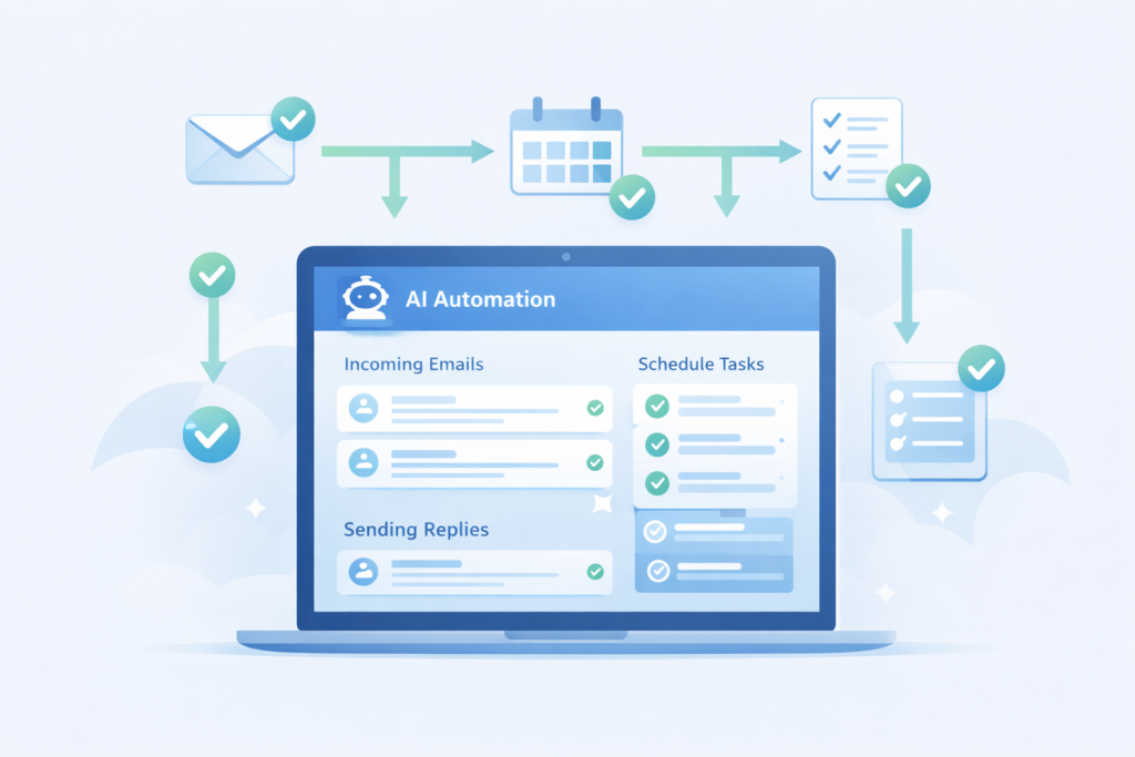 Flat illustration of AI automatically sorting emails, scheduling tasks, and sending replies for a small business
