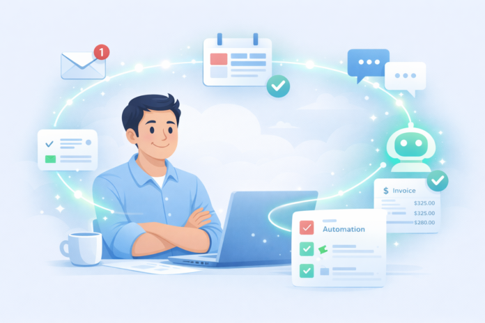 Small business owner using AI tools to automate daily business tasks on a laptop