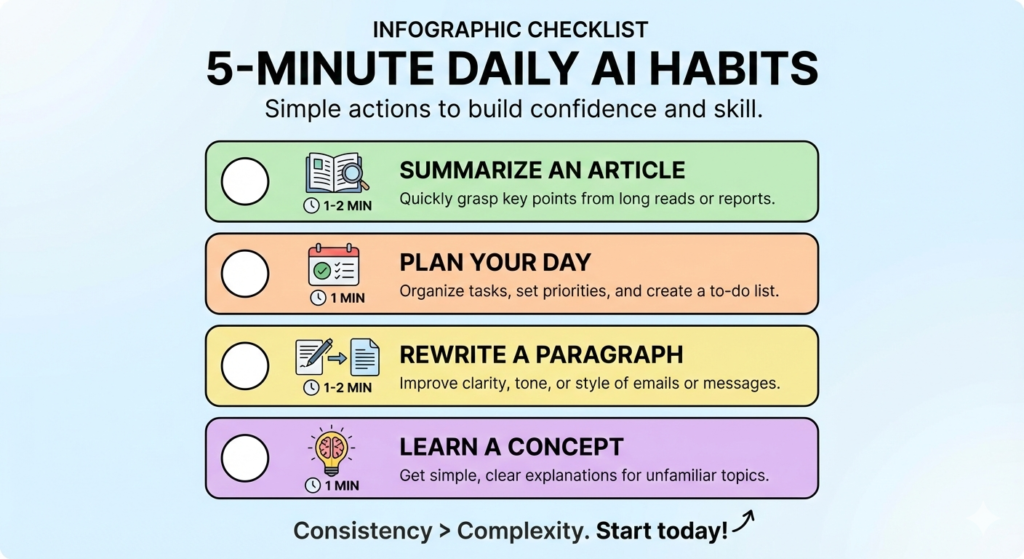 Infographic checklist of 5-minute daily AI habits for beginners: summarize an article, plan your day, rewrite a paragraph, and learn a new concept.